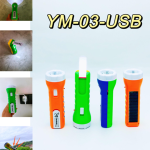 YM-03USB -plastic body multifunctional hand held led torch light  rechargeable solar powered flashlights with end light