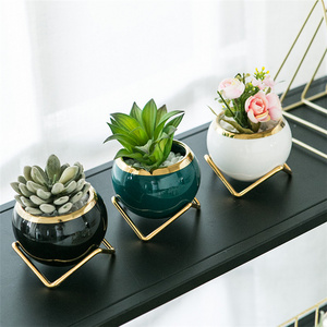 Creative garden succulent pot home balcony mini ceramic round cactus plant flower pots with metal stand