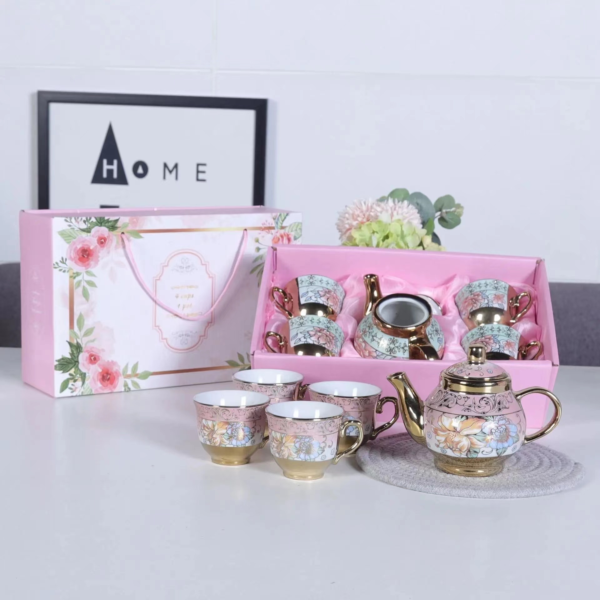 Modern European elegant gold inlaid ceramic coffee cup pot high-end afternoon tea set with pot