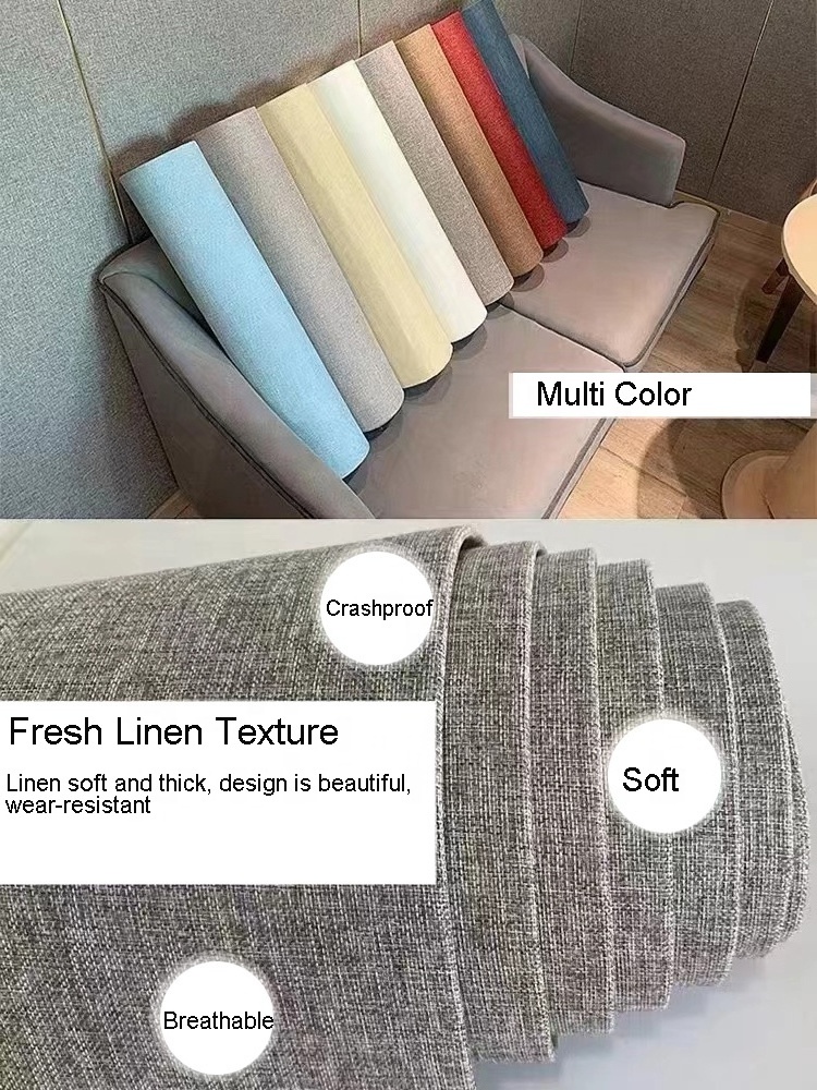 3D Peel Stick Linen Texture Wall Cloth Self-Adhesive Plaid Wallpaper Stickers Solid Color Foam for Home Living Room