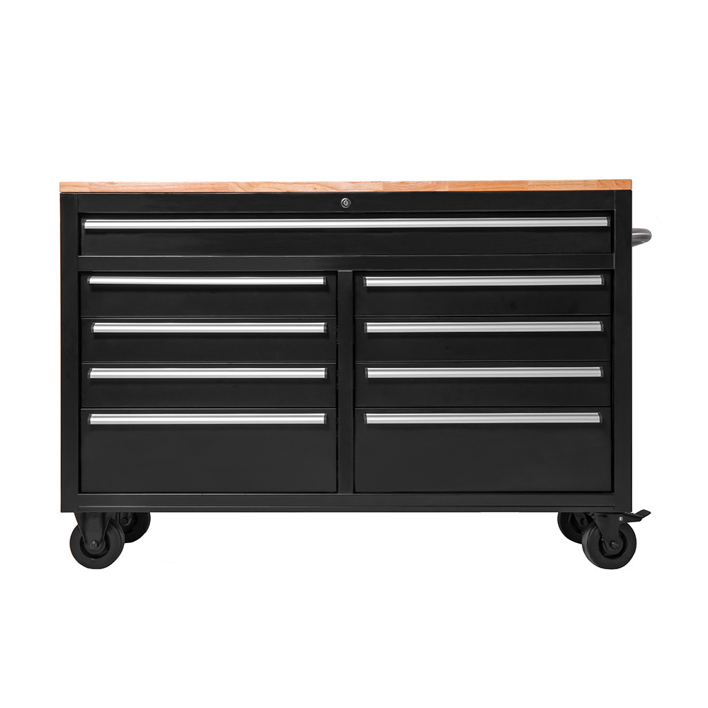 52 Inch  Black Coating Tool Chest on wheels tool storage system 9 Drawer Workbench with Solid Wood Top toolbox trolley