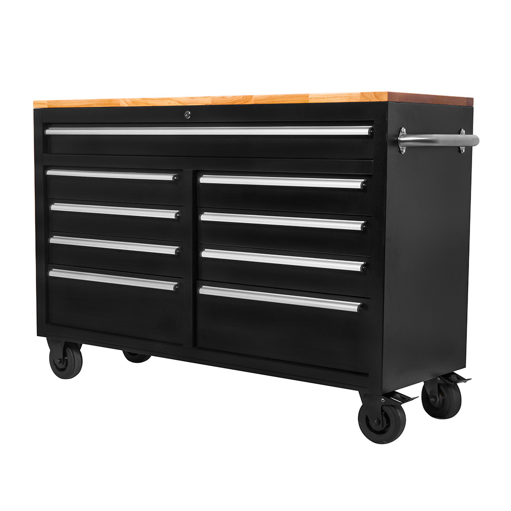 52 Inch  Black Coating Tool Chest on wheels tool storage system 9 Drawer Workbench with Solid Wood Top toolbox trolley