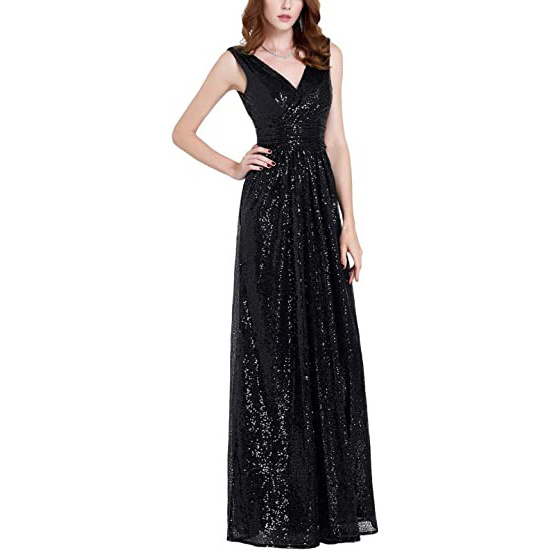 Hot sale deep v-neck sequin sleeveless black prom weddings bridesmaid dresses modern