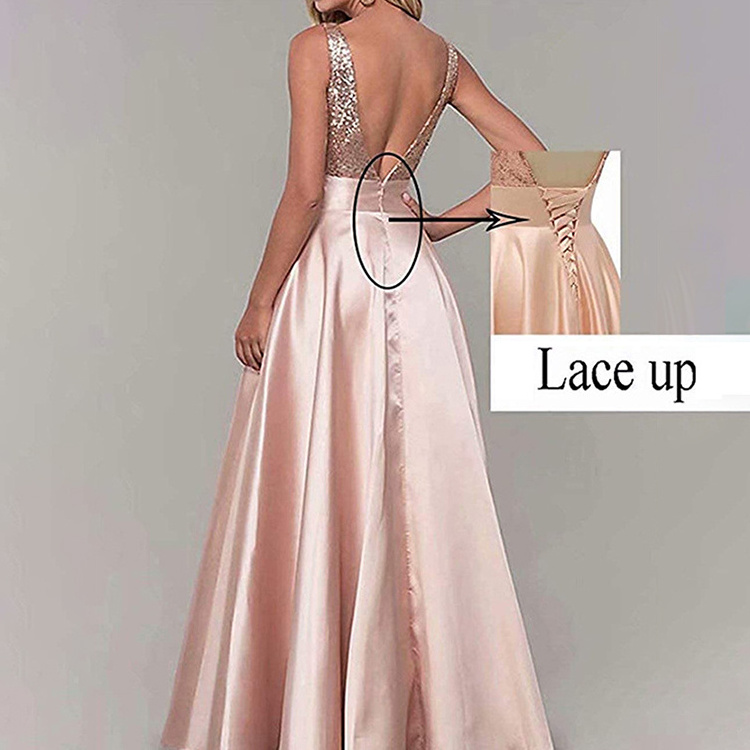 Custom fashion party banquet v neck backless sequin evening gown satin bridesmaid dress modest