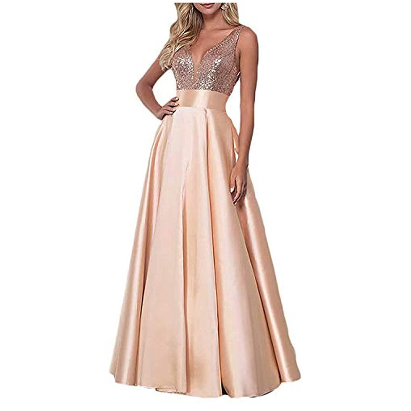 Custom fashion party banquet v neck backless sequin evening gown satin bridesmaid dress modest