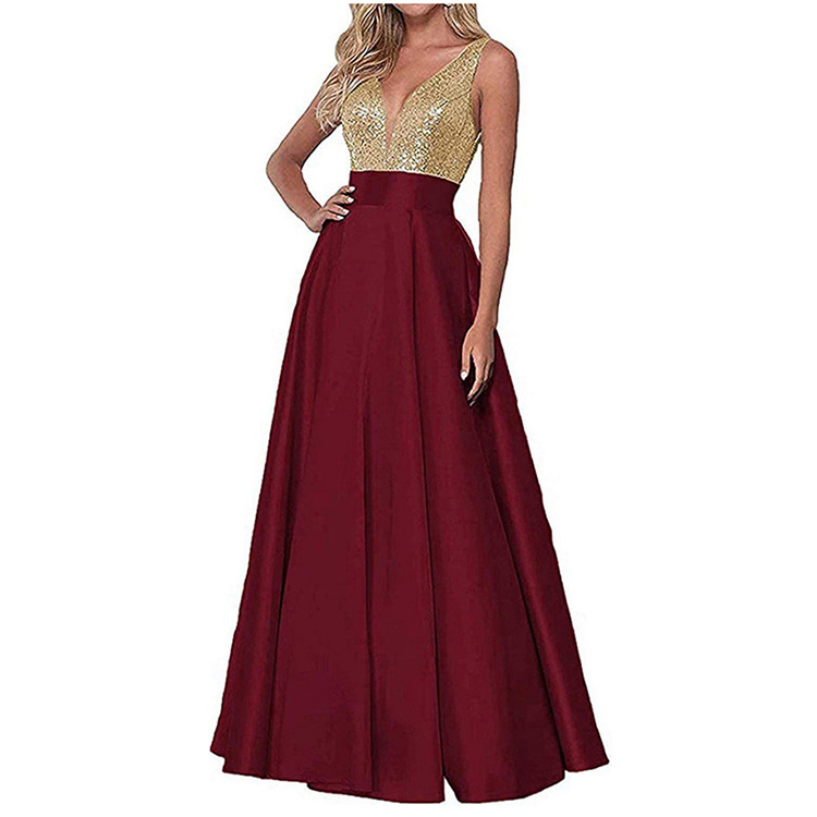 Custom fashion party banquet v neck backless sequin evening gown satin bridesmaid dress modest