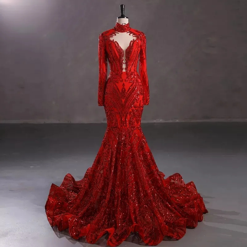 Latest design mermaid sequin red dresses women party modest evening elegant dress ball gown with long sleeve