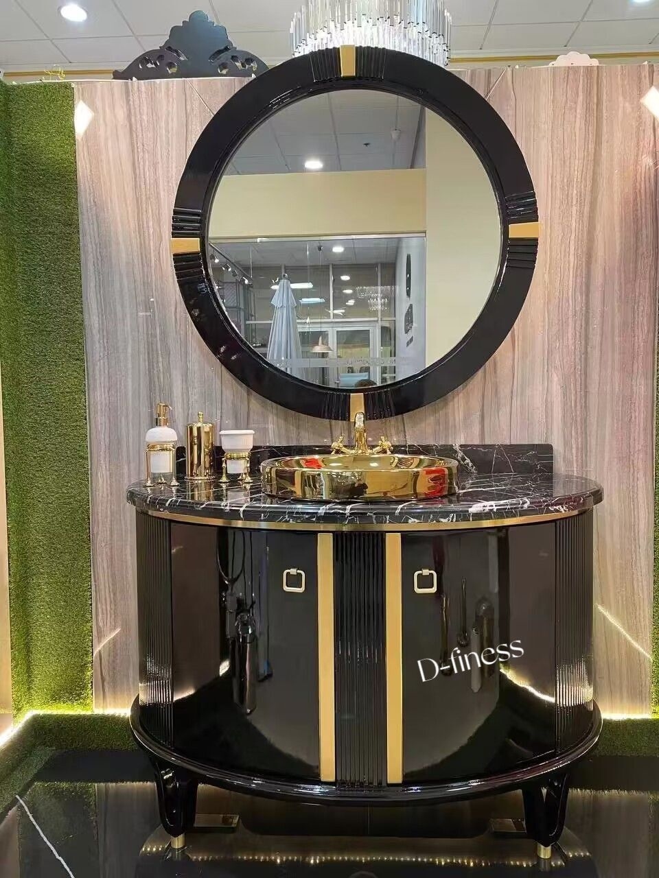 Wholesale Luxury Italian Curved Bathroom Vanity Cabinet Golden Basin Marble Top Floor Standing Bathroom Vanity With Bath Mirror