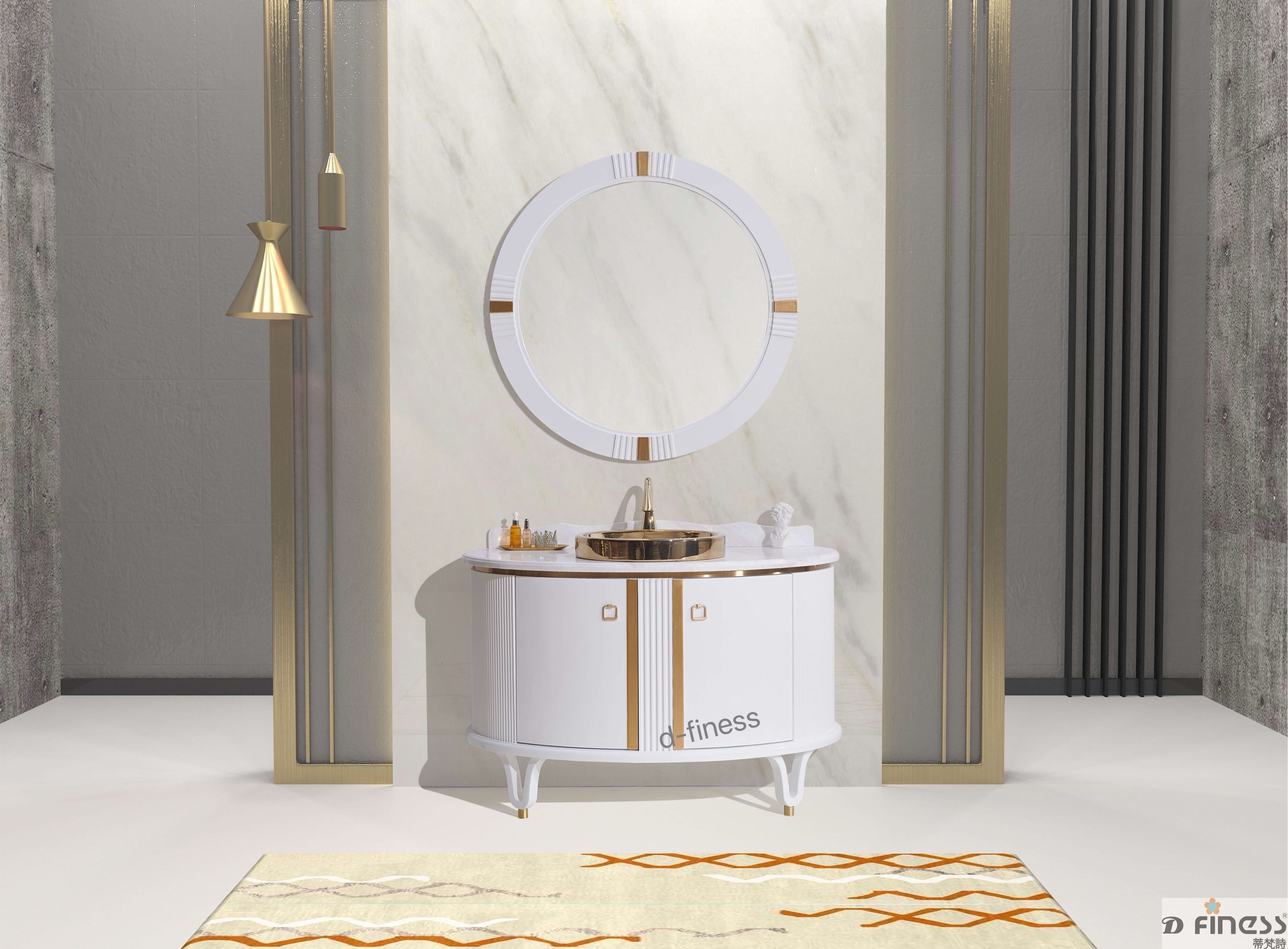 Wholesale Luxury Italian Curved Bathroom Vanity Cabinet Golden Basin Marble Top Floor Standing Bathroom Vanity With Bath Mirror