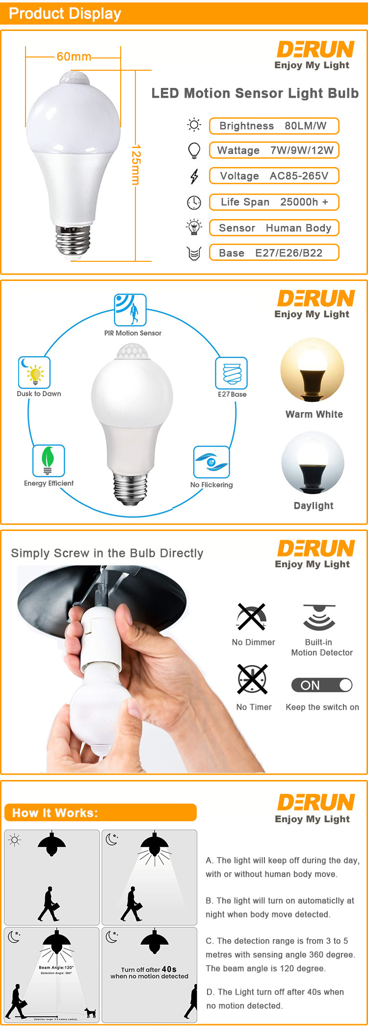 Infrared Sensor 7W 9W 12W E27 E26 B22 Base LED Motion Sensor Light Bulb LED Smart Bulb For Washroom Garage , LED-SENSOR