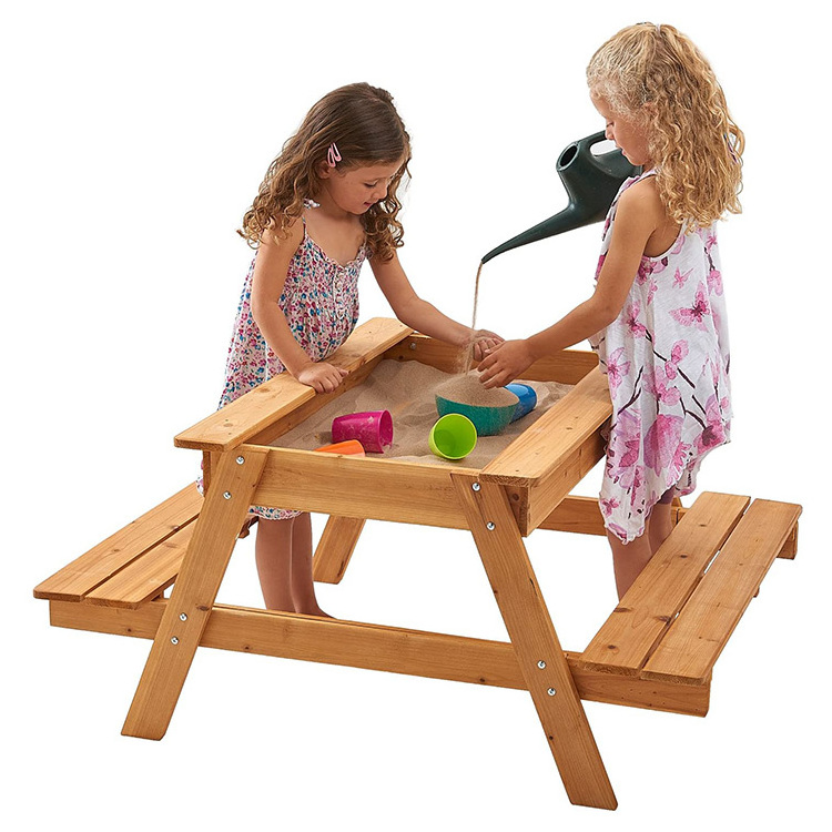 Garden Wooden Picnic Bench set  2 in 1 table  and chair Kids Activity Water Sand Table Set  with Sandbox and Cover for Children