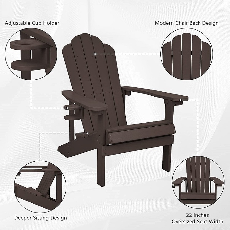 Weather-Resistant Adirondack Chair with Cup Holder Folding Patio Plastic Wood Chair for Lawn Garden or Backyard Use