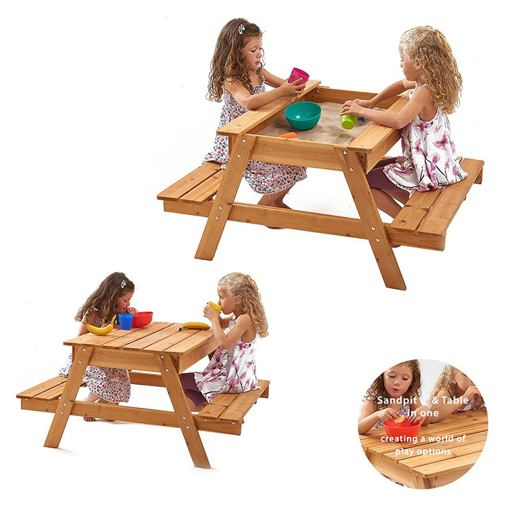 Garden Wooden Picnic Bench set  2 in 1 table  and chair Kids Activity Water Sand Table Set  with Sandbox and Cover for Children