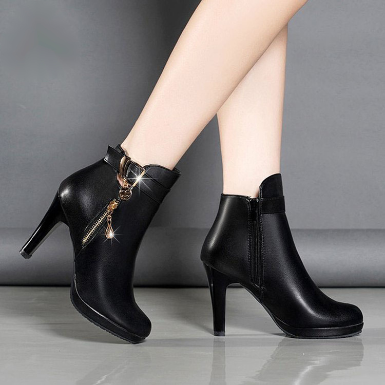 Hot Selling Women Winter Casual Black Zip Up Ladies Heeled Shoes High Thin Heel Women's Shoes Ankle Boots