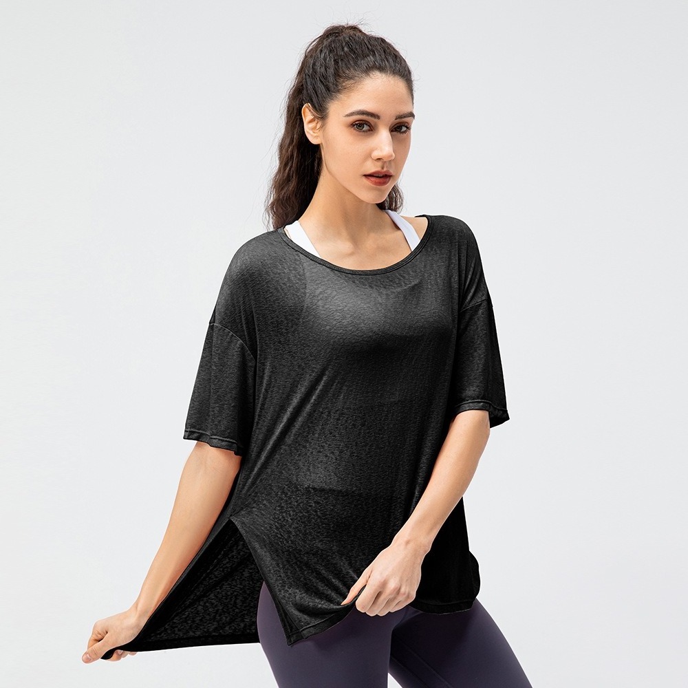 Custom logo Front Short Back Long Split Design Loose O neck Sport See Through Yoga Sexy Blouse Women Short Sleeve T Shirt