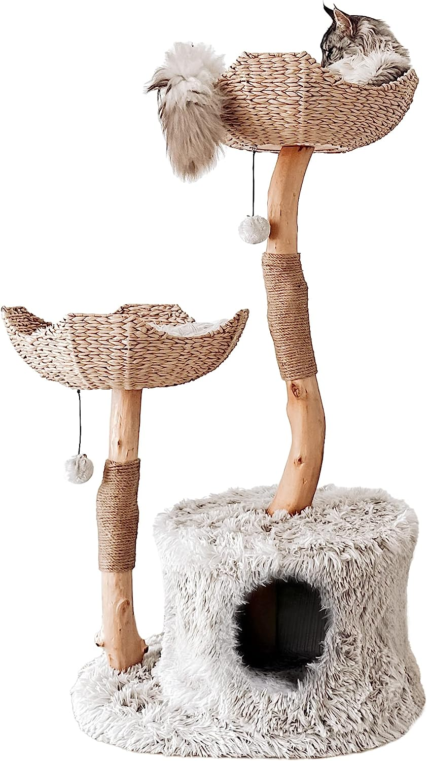 Wooden cat tree tower furniture luxury house plush hammock large play scratch climbing tower deluxe cat