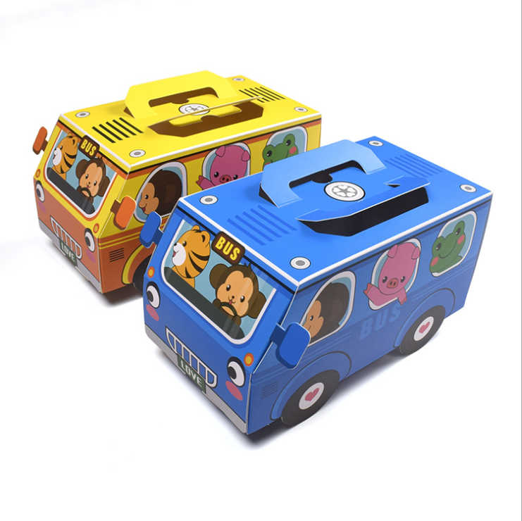 New Arrival Blue Yellow Bus Cardboard Cupcake Box Baby Shower Party Cookies Cracker Box with Handle