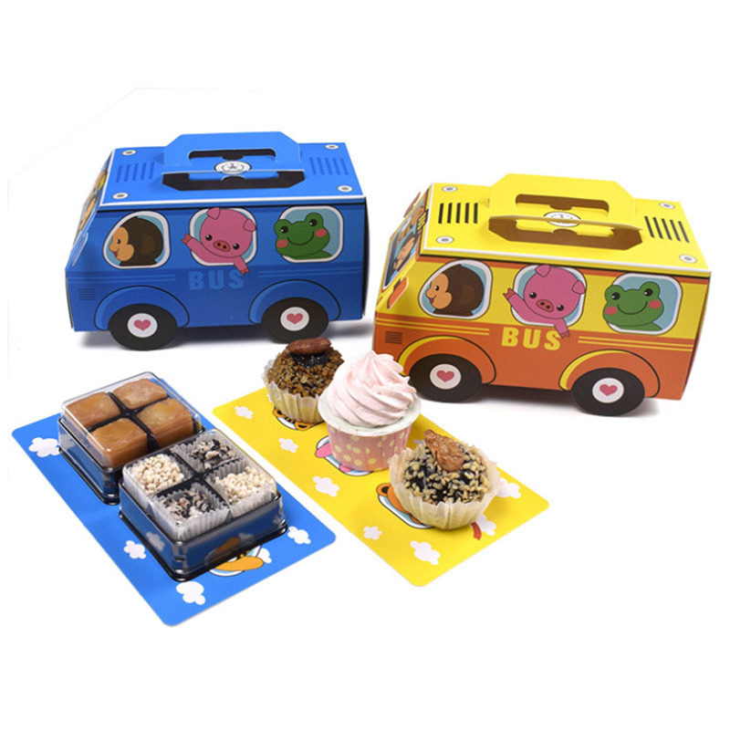 New Arrival Blue Yellow Bus Cardboard Cupcake Box Baby Shower Party Cookies Cracker Box with Handle