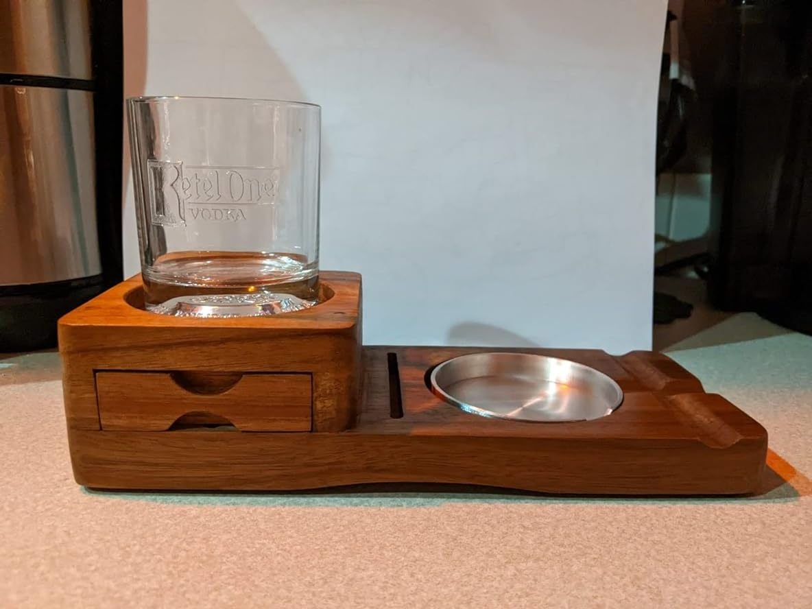 New Ashtray Coaster Whiskey Glass Tray & Wooden Ash Tray with Cigar Cutter Include Drawer and Cigar Slot