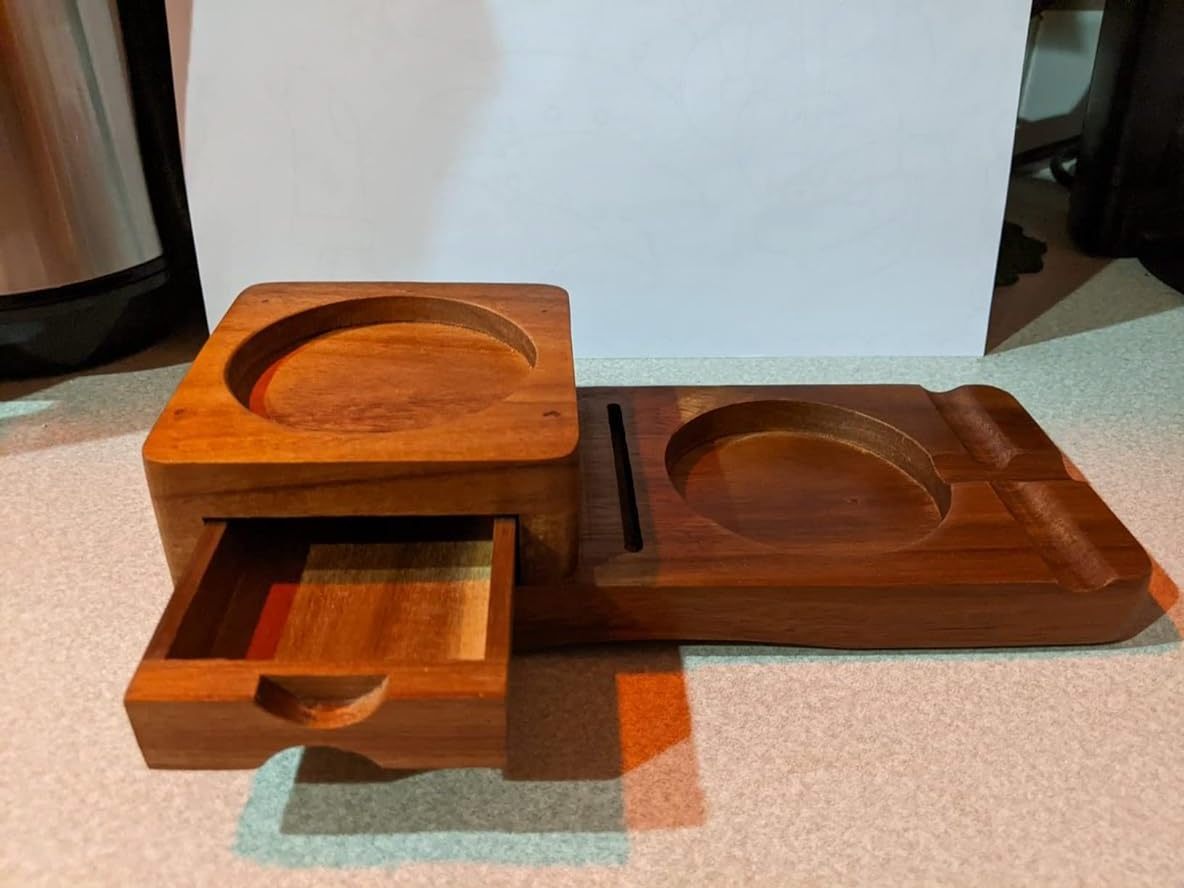 New Ashtray Coaster Whiskey Glass Tray & Wooden Ash Tray with Cigar Cutter Include Drawer and Cigar Slot