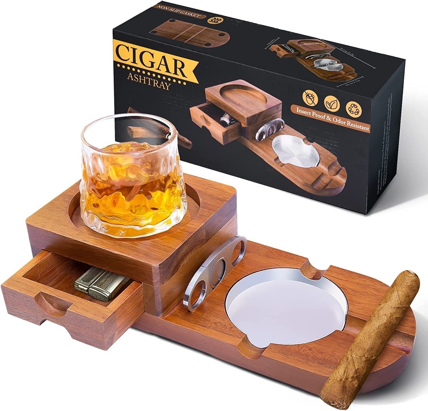 New Ashtray Coaster Whiskey Glass Tray & Wooden Ash Tray with Cigar Cutter Include Drawer and Cigar Slot