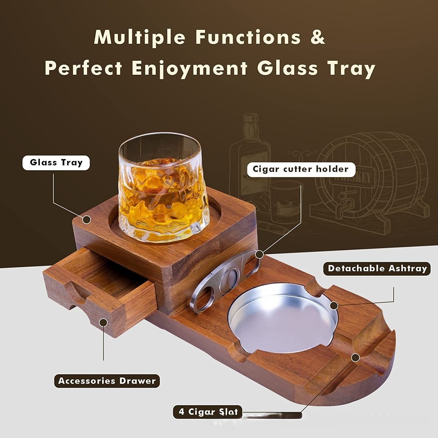 New Ashtray Coaster Whiskey Glass Tray & Wooden Ash Tray with Cigar Cutter Include Drawer and Cigar Slot