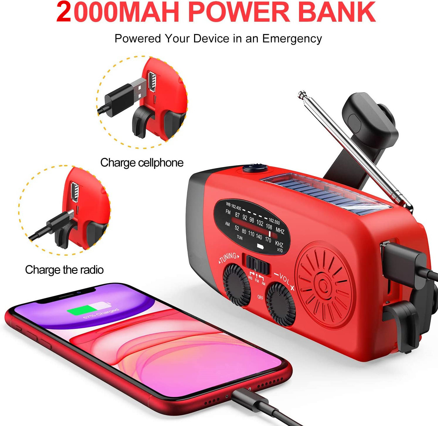 Solar Emergency Hand Crank Radio Portable 2000mAh AM/FM/NOAA Flashlight Torch Solar Panel Powered Weather Radio