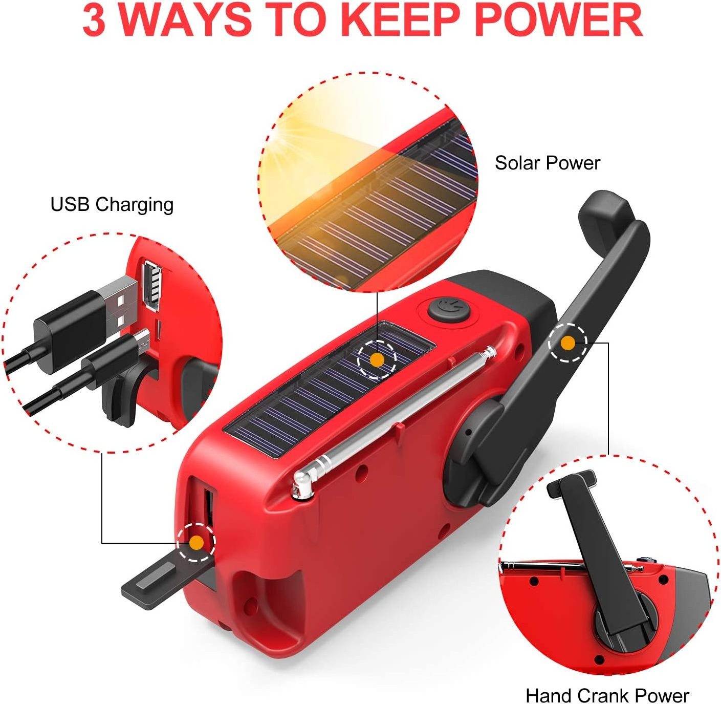 Solar Emergency Hand Crank Radio Portable 2000mAh AM/FM/NOAA Flashlight Torch Solar Panel Powered Weather Radio