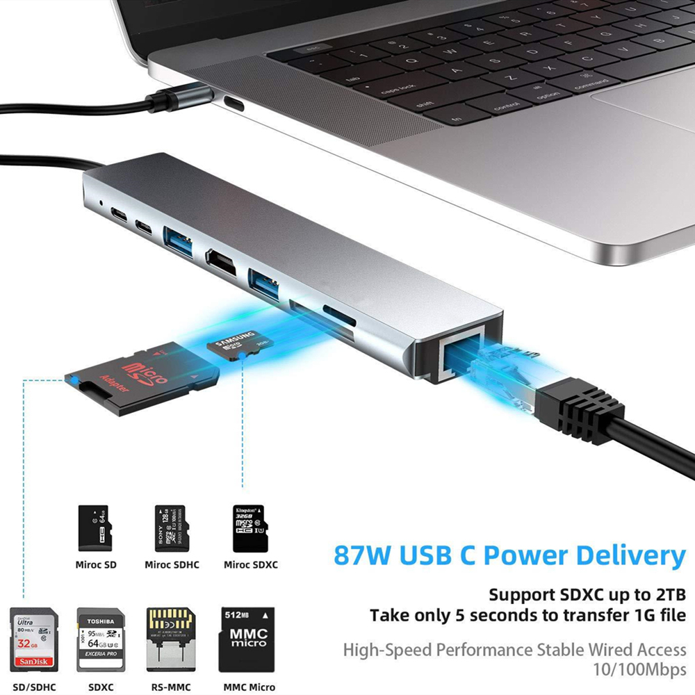 Usb-C Aluminum 8 in 1 Docking Station Thunderbolt 4K SSD Type C PD 3.0 Usb Hub with SD/TF Card Slot Ethernet for Laptop MacBook