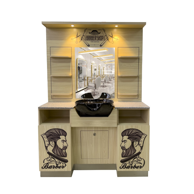 stylist hair salon furniture mirror styling Barber shop station with mirror sink Bowl and Retail Shelves