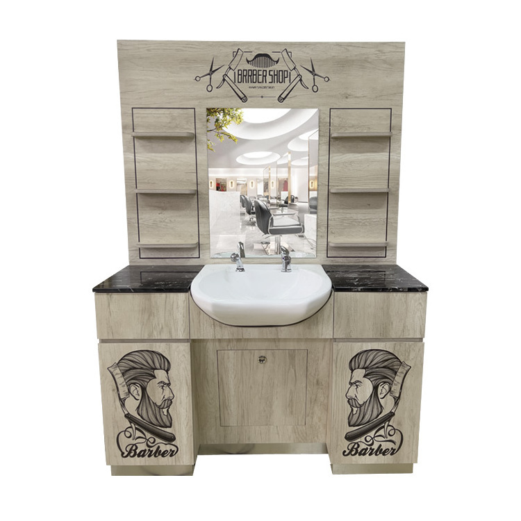 stylist hair salon furniture mirror styling Barber shop station with mirror sink Bowl and Retail Shelves