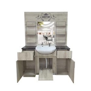 stylist hair salon furniture mirror styling Barber shop station with mirror sink Bowl and Retail Shelves