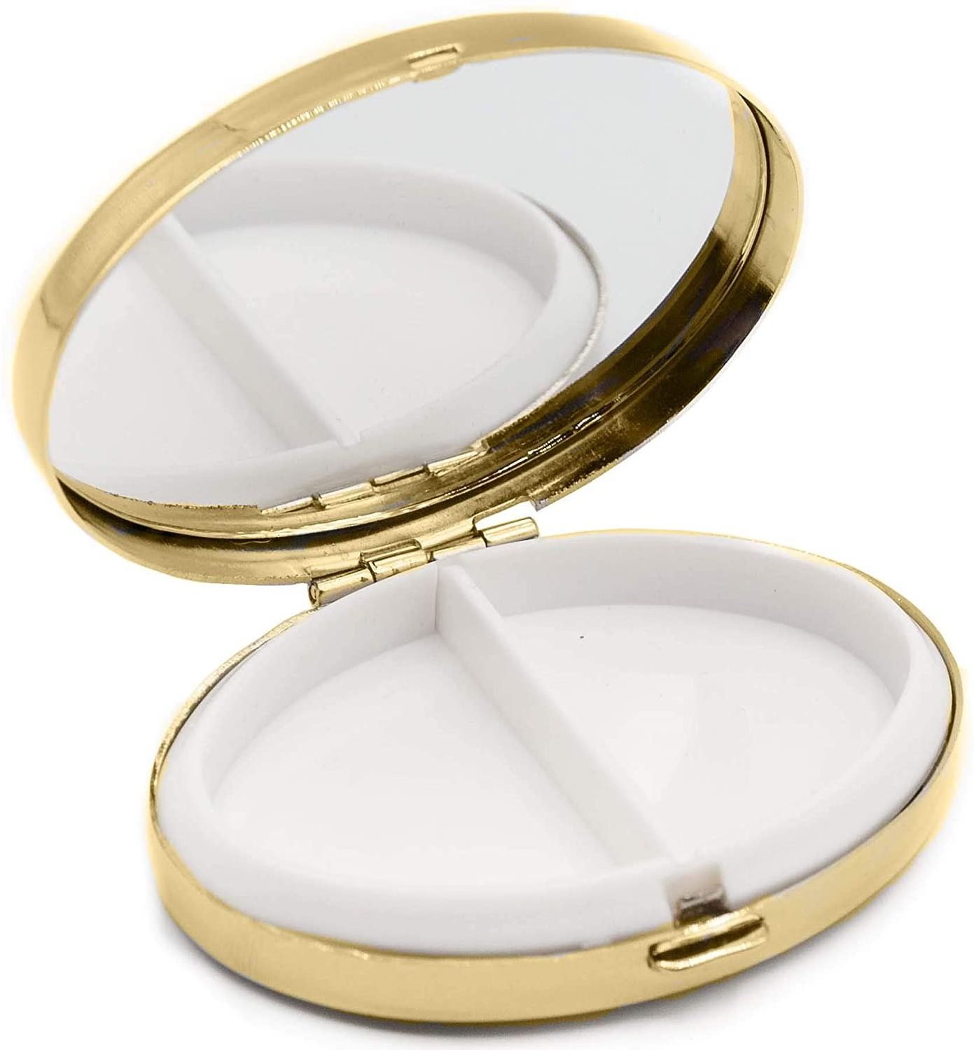 Gold Victorian Print with Mirror Oval Pocket Purse Portable Travel Pill Box & Medicine Organizer (2 Compartments)