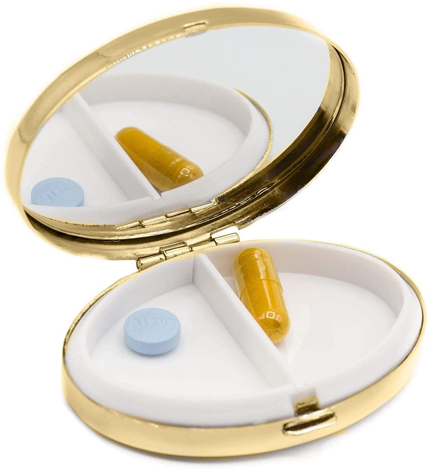 Gold Victorian Print with Mirror Oval Pocket Purse Portable Travel Pill Box & Medicine Organizer (2 Compartments)