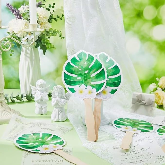 Wholesale Hand Wooden Fan Wedding Fans for Guests Gifts Palm Leaves Paper Hand Fans with Wooden Sticks for Wedding Bridal