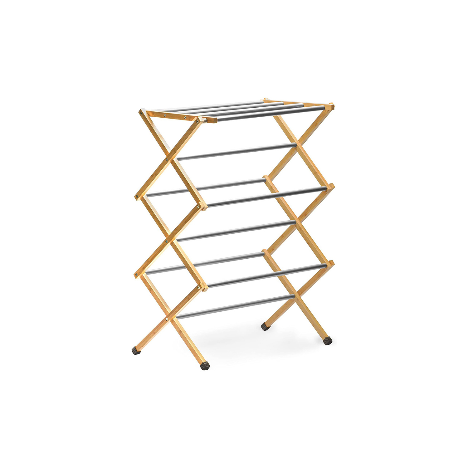 Adjustable Height Premium Bamboo Folding Clothing Drying Rack with Steel Bars