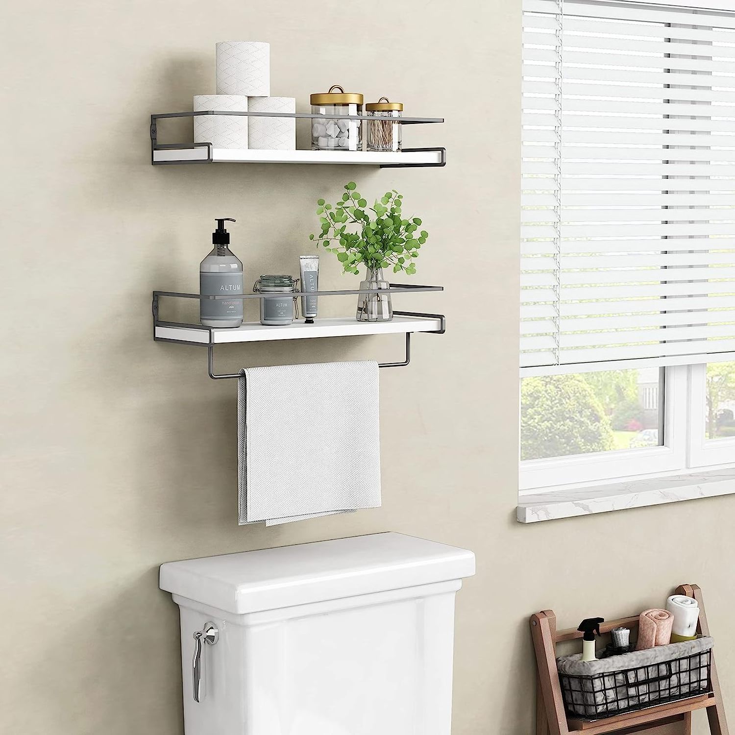 New Design Set of 2 White Floating Shelves for Bathroom Organizer Over Toilet