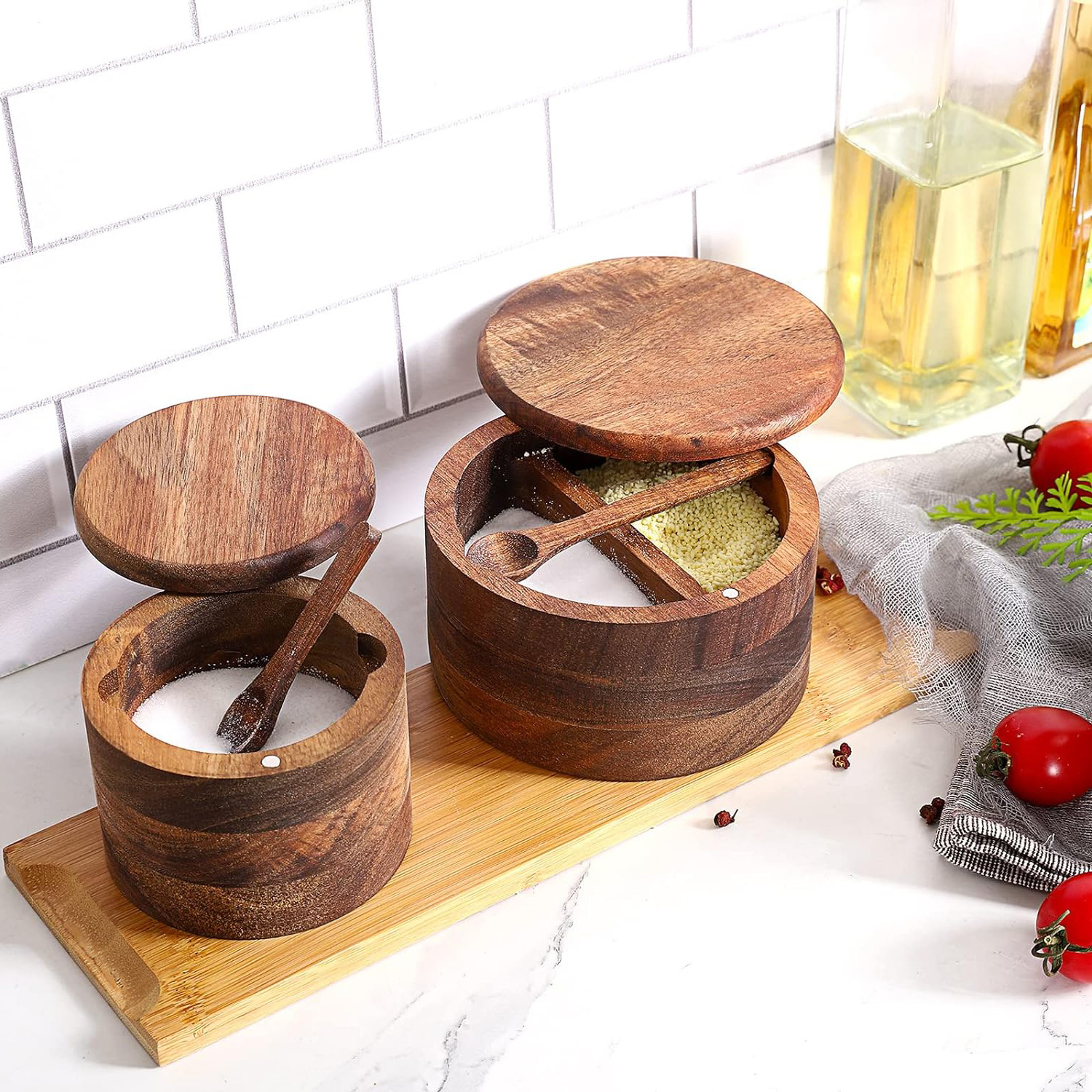 Nature Wood Salt Cellar and Spices Storage Box With Built-in Spoon and Magnetic Swivel Lid  Acacia Wood Salt and Pepper Bowl