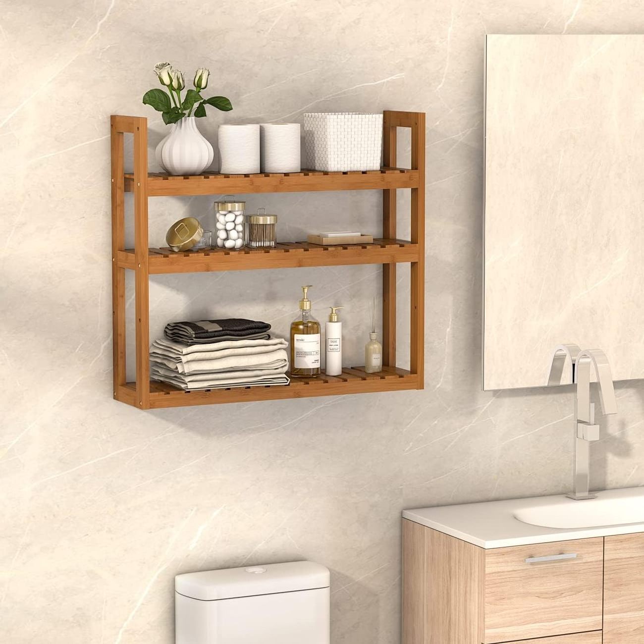 Adjustable Layer Free Standing Over Toilet Utility Shelves 3-Tier Wall Mount Storage Rack Bamboo Bathroom Shelf