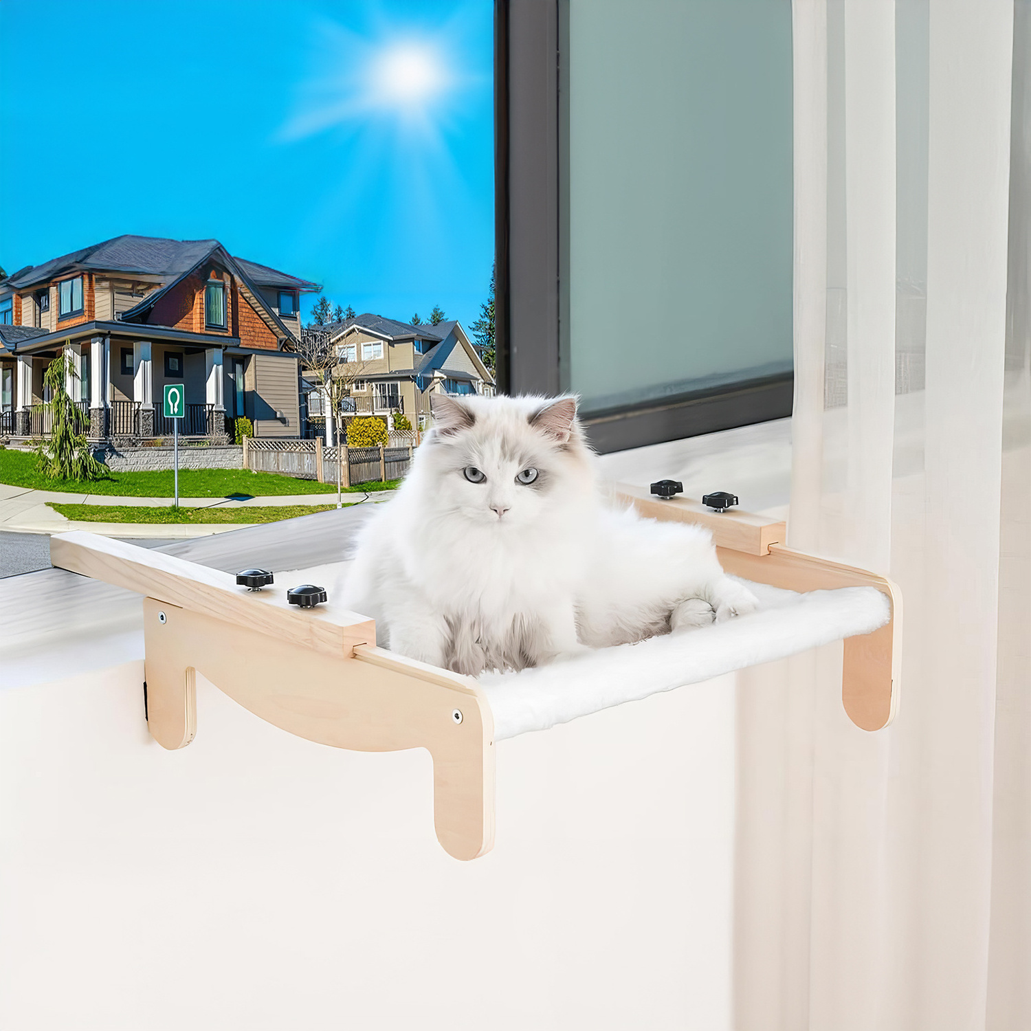 Multi Installation Place Wooden Window Perch for Cats Inside 2 in1 Cat Hammock Cat Window Perch