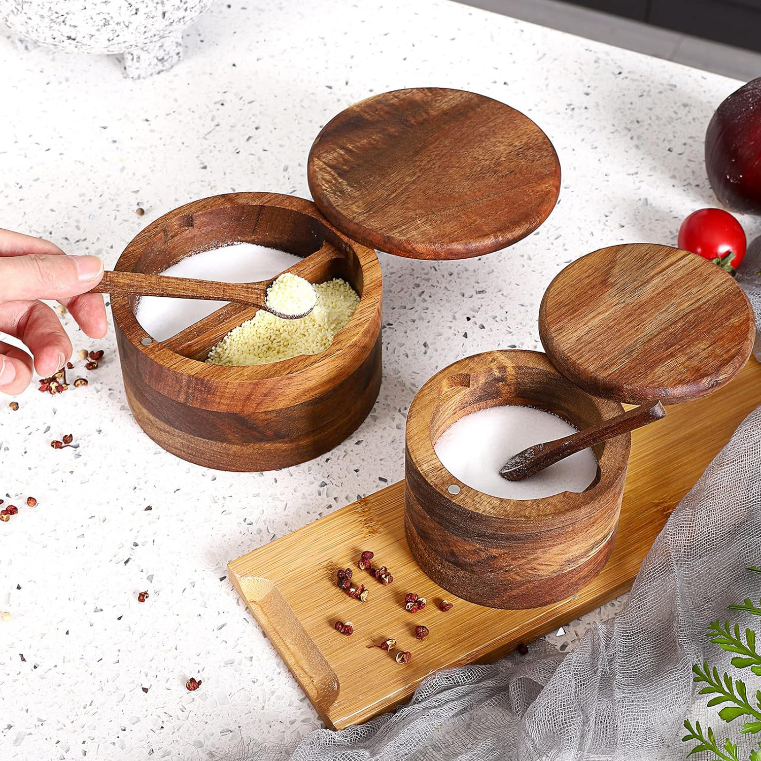 Nature Wood Salt Cellar and Spices Storage Box With Built-in Spoon and Magnetic Swivel Lid  Acacia Wood Salt and Pepper Bowl