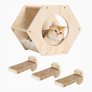 Cat Shelves for Wall with 3 Steps Scratcher Post Cat Tree Hammock with Plush Wall Mounted