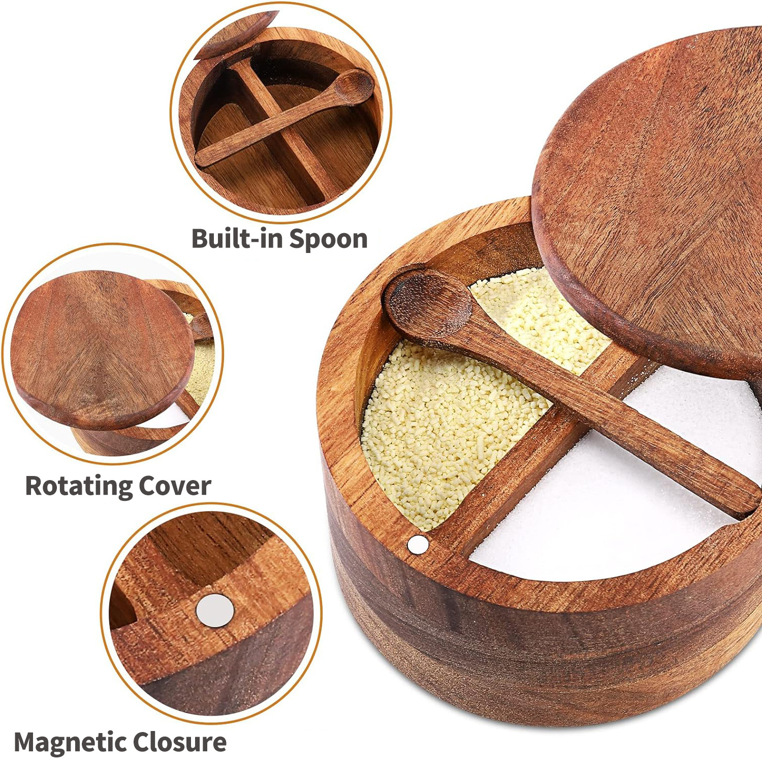 Nature Wood Salt Cellar and Spices Storage Box With Built-in Spoon and Magnetic Swivel Lid  Acacia Wood Salt and Pepper Bowl