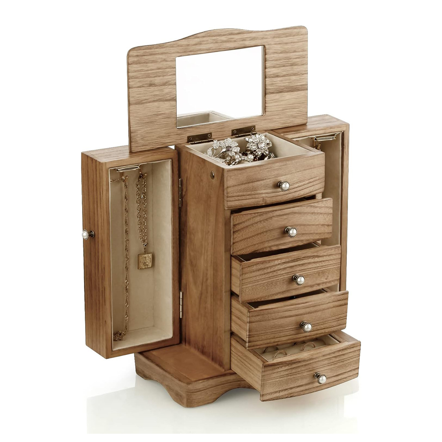 Tower Style 4 Drawers Organizer and 2 Separated Open Doors Wooden Jewelry Box