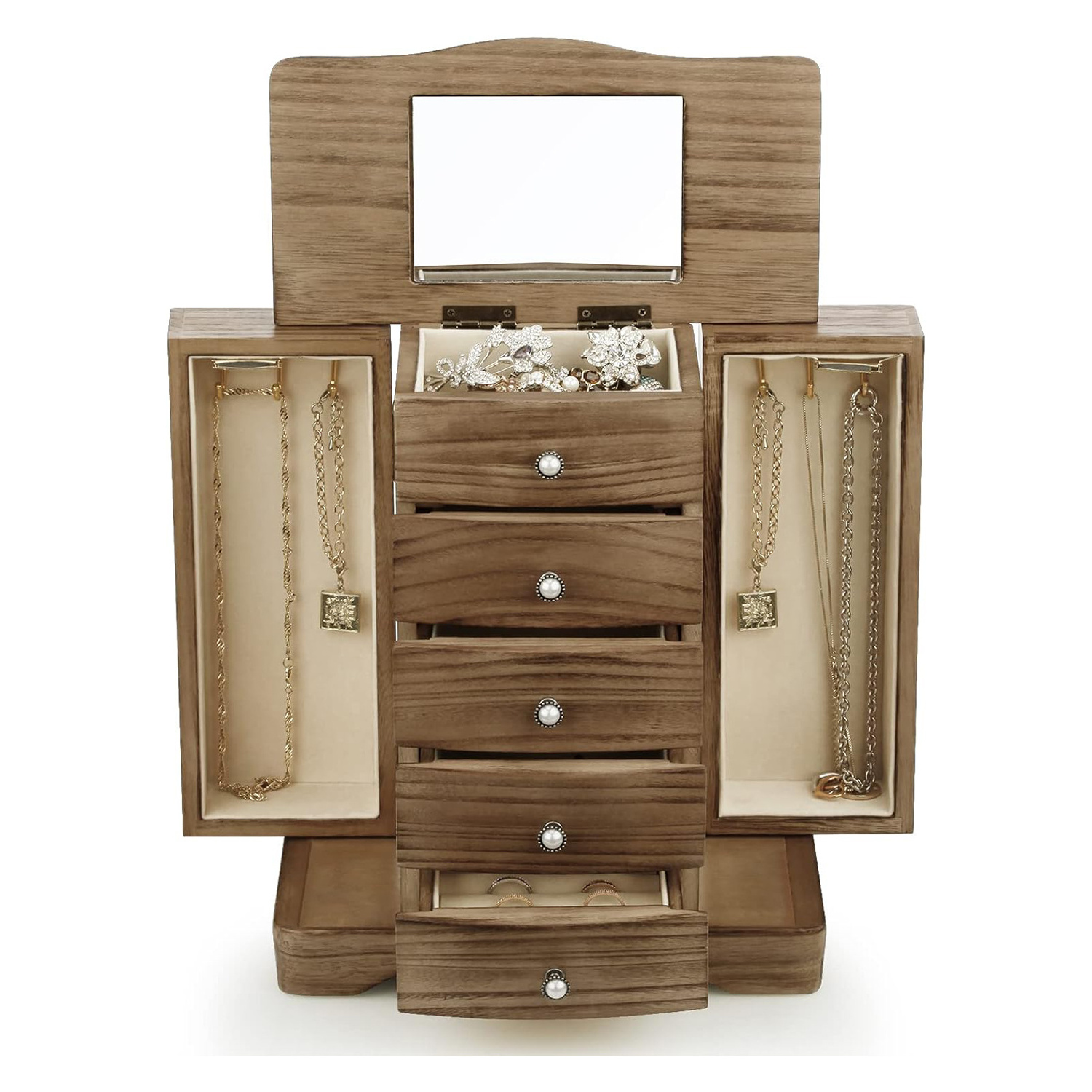 Tower Style 4 Drawers Organizer and 2 Separated Open Doors Wooden Jewelry Box