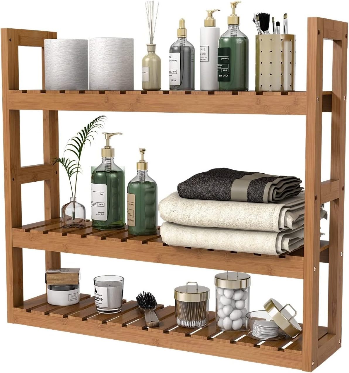 Adjustable Layer Free Standing Over Toilet Utility Shelves 3-Tier Wall Mount Storage Rack Bamboo Bathroom Shelf