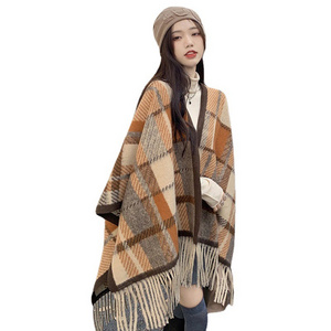 Plaid shawl Fashion cloak Tassel cardigan poncho women Warm Soft shawl