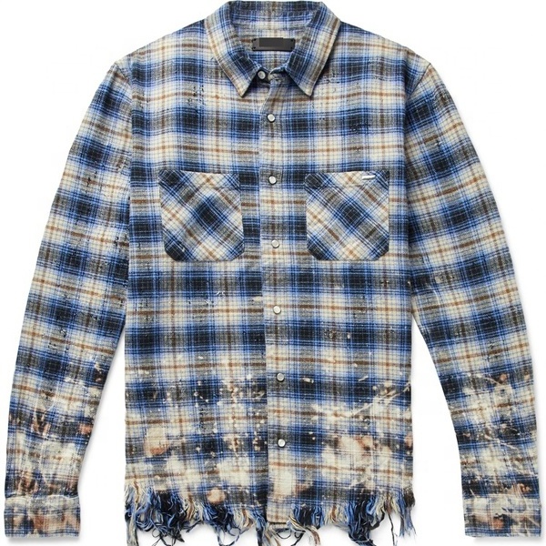 Custom oversized distressed checked cotton flannel mineral acid wash used ripped shirt for men