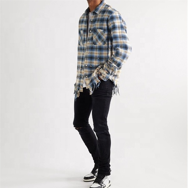 Custom oversized distressed checked cotton flannel mineral acid wash used ripped shirt for men