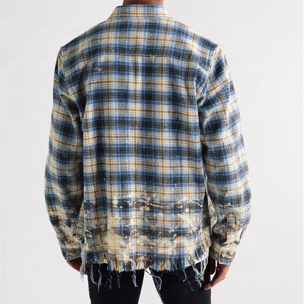 Custom oversized distressed checked cotton flannel mineral acid wash used ripped shirt for men